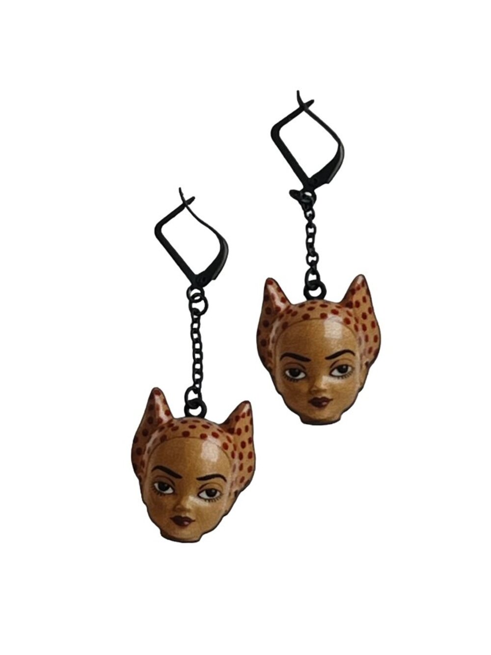 Retro Feline Femme Red Polka Dot Cat-Ear Doll Face Dangle Woodcut Earrings